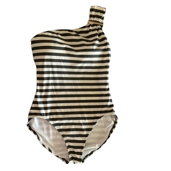 Michael Kors Olive Striped One Shoulder Swimsuit 10 - Picture 1 of 4